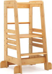Torre Montessoriana in Bambù, Torre di Apprendimento con 4 Altezze Regolabili, Barra di Sicurezza e Piedini Antiribaltamento, Sgabello da Cucina per Bambini 18+ Mesi