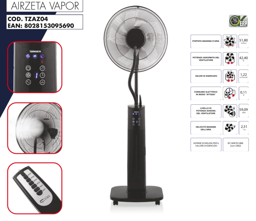 Termozeta Ventilatore a piantana TZAZ04 Airzeta Vapor con nebulizatore 3 impostazioni timer silenzioso capiente 70W