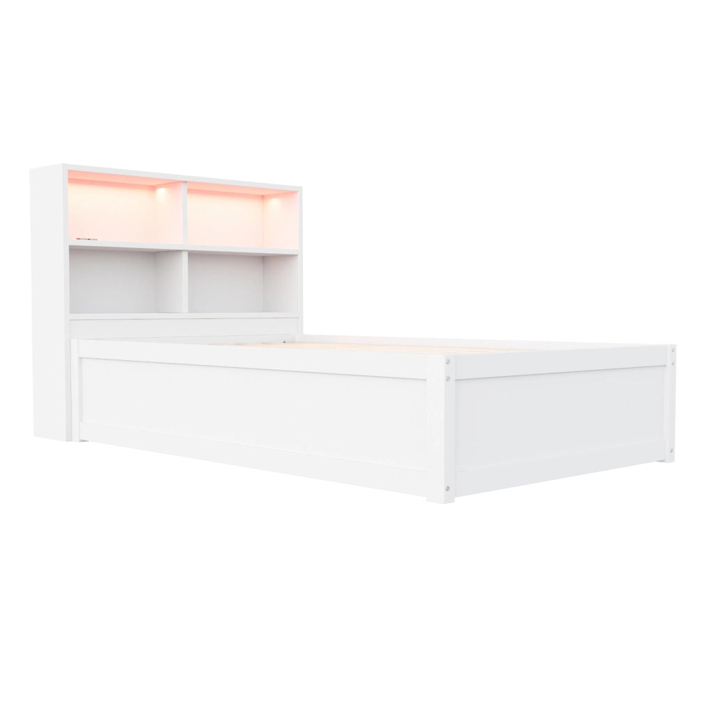 Letto multifunzione 90x200 cm con presa integrata; LED e 4 vani contenitore; bianco