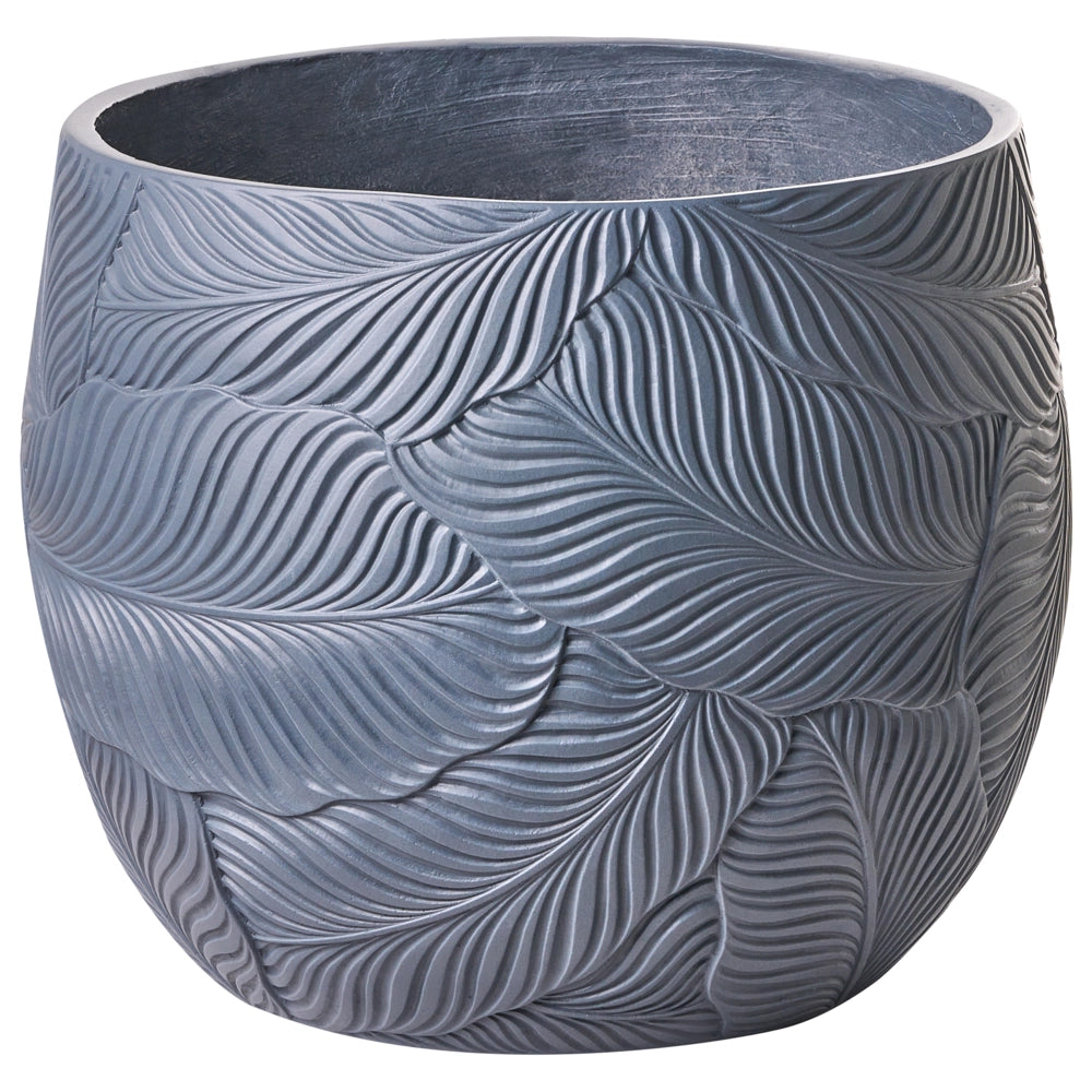 Vaso da fiori grigio in fibra di argilla verniciata per interni ed esterni, rotondo, 47 x 47 x 43 cm, motivo a foglie