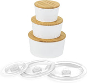 3 x scatole di riserva con coperchio in porcellana, 6 x coperchi in bambù e plastica, scatola di riserva in porcellana bianca, per farina, caffè, muesli o accessori da bagno