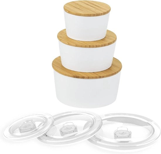 3 x scatole di riserva con coperchio in porcellana, 6 x coperchi in bambù e plastica, scatola di riserva in porcellana bianca, per farina, caffè, muesli o accessori da bagno