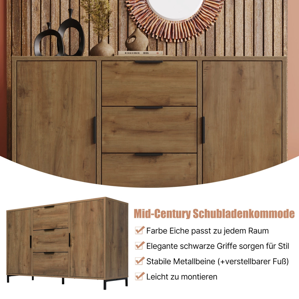 Credenza con 2 ante e 3 cassetti con ripiano regolabile, effetto rovere scuro e maniglie nere 120 × 40 × 76 cm