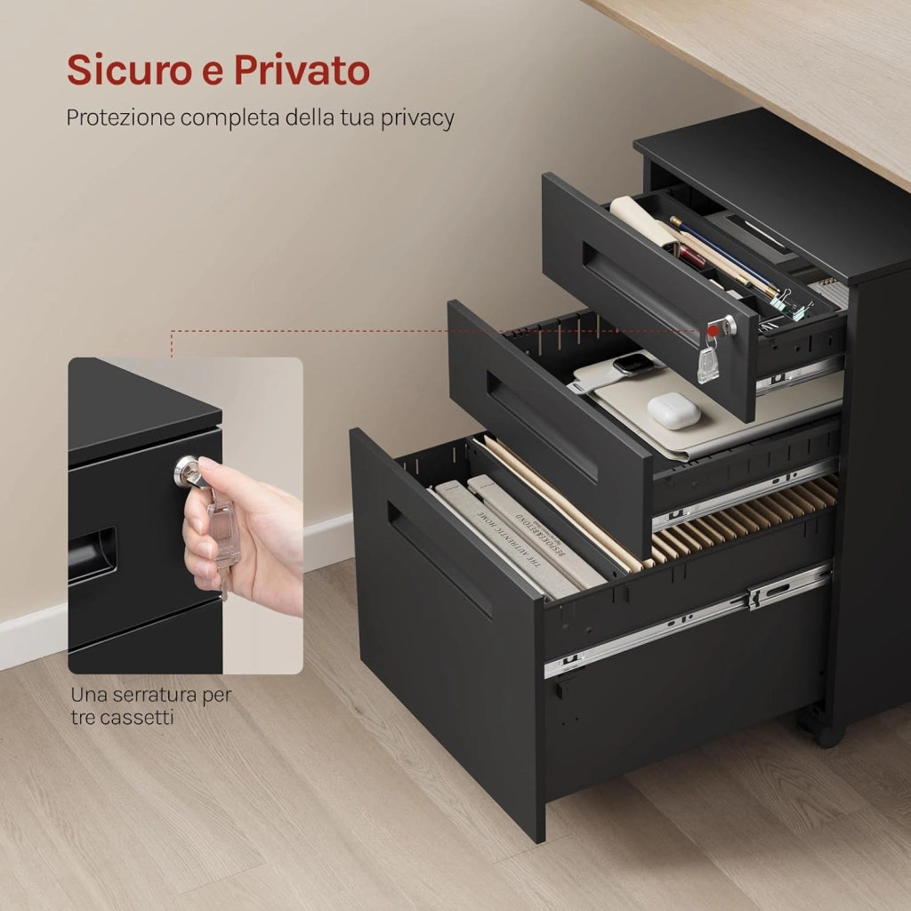 Cassettiera da Ufficio Scrivania Studio con Rotelle Mobiletto con 3 Cassetti e Serratura per Documenti Cartelle Sospese Cancelleria, Pre-Assemblato, metallo Nero SK023sz