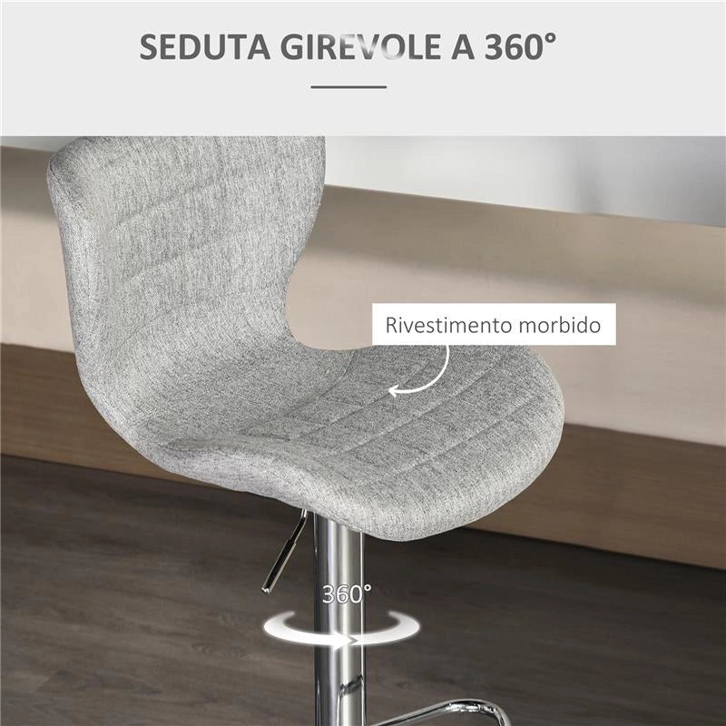 SET 2 SGABELLI DA BAR GIREVOLI CON ALTEZZA REGOLABILE POGGIAPIEDI E SCHIENALE IN TESSUTO GRIGIO