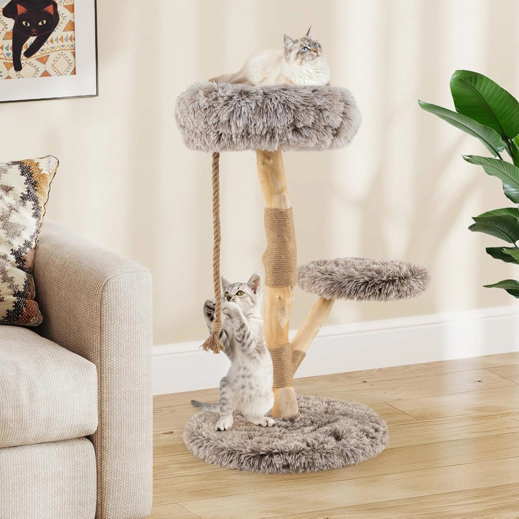 Albero per Gatti 90 cm, Torre Moderna in Legno con Piattaforme, Tiragraffi in Luta Naturale e Corda, Albero Tiragraffi per Animali Domestici