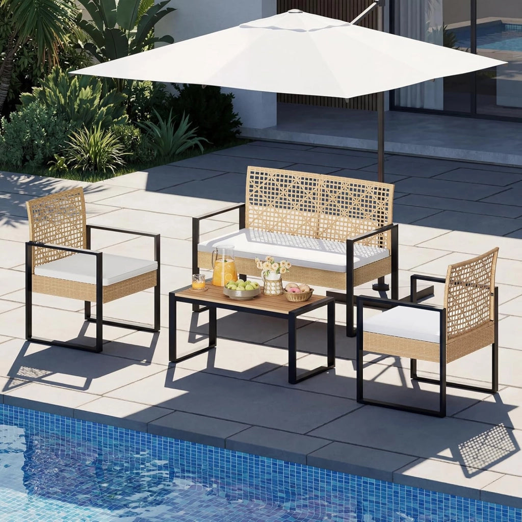 Set di Mobili da Esterno, Tavolo, Divano a 2 Posti e 2 Poltrone con Cuscini Rimovibili, Salotto da Giardino, Resistente alle Intemperie, per Terrazza, Balcone, Colore Legno Naturale
