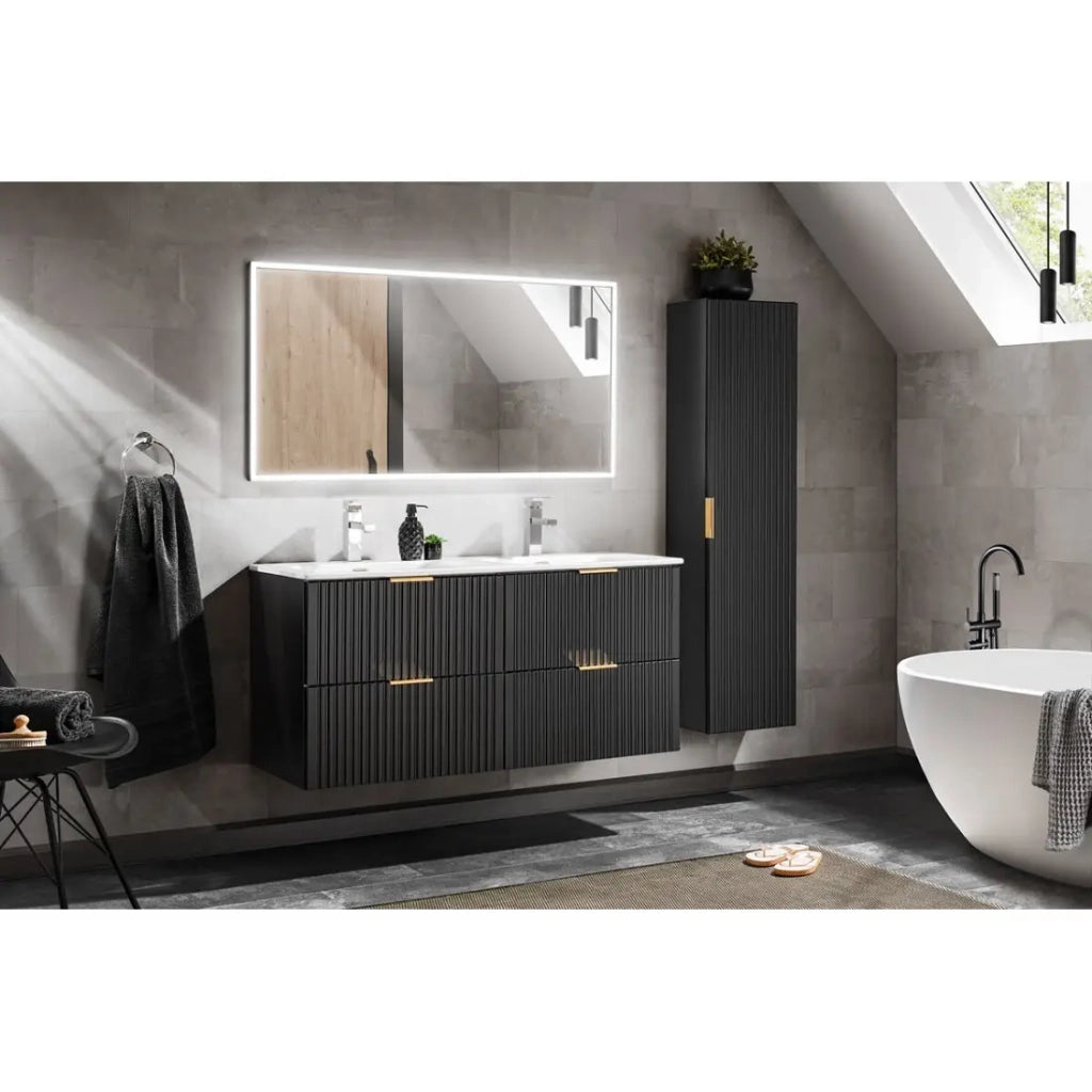 Mobili sottolavabo NOXERA 120 cm con doppio lavabo incassato e 2 sifoni - Colonna di stoccaggio - Specchio rettangolare LED