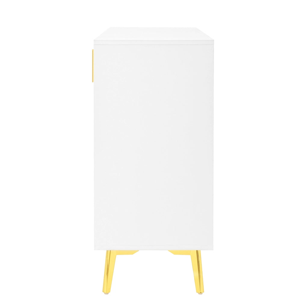 Credenza 140x38x82 cm; 4 cassetti e 4 ante; ripiani regolabili; MDF bianco con dettagli oro