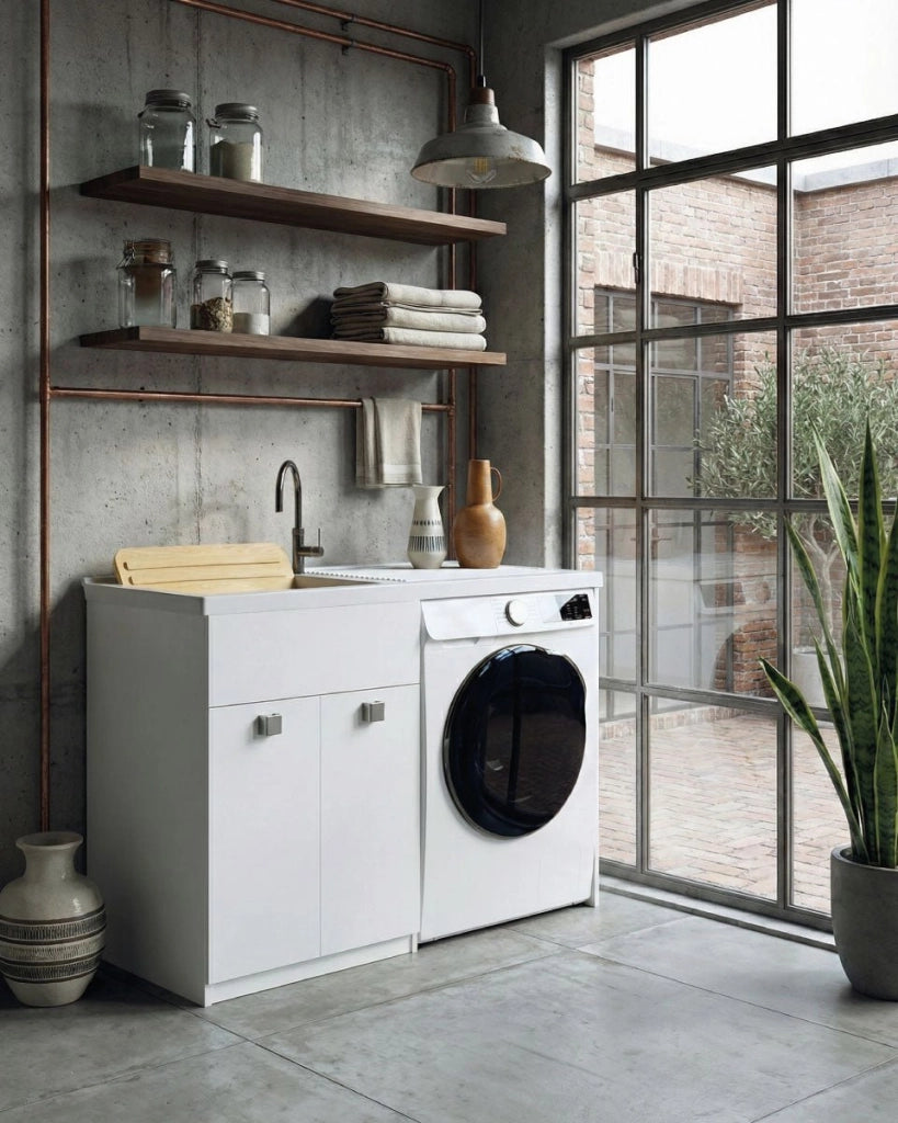 Mobile coprilavatrice Pulsa Dx - Con 2 anta e lavatoio - Contenitore salvaspazio per bagno e lavanderia - Lavatrice non inclusa - Bianco - 124x93x60 cm_