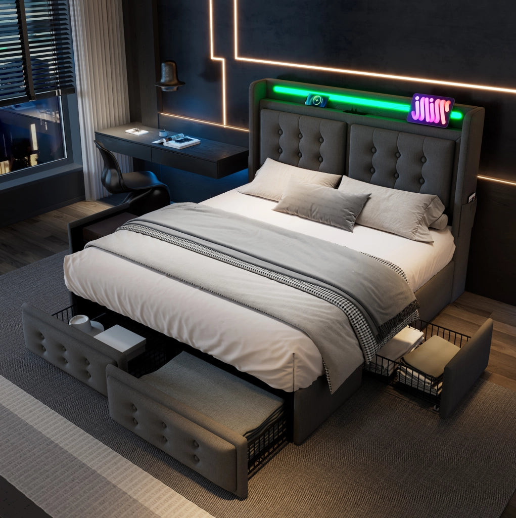 Letto matrimoniale ULEVR 180x200 cm con LED, USB e Type-C, 4 cassetti, testiera in cotone-lino grigio