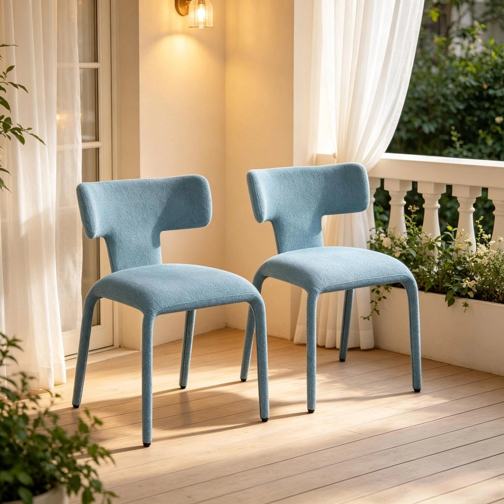 Set di 2 sedie girevoli imbottite in lino blu con base in metallo e ruote