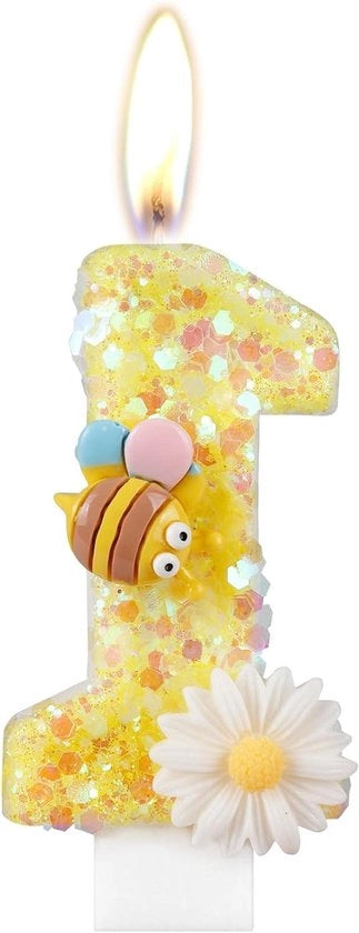 Decorazione di torta con api e fiori per il primo compleanno - Topper per bambini - Tema api e fiori - Candele per compleanni con numeri 1 - Adatto per bambine e bambini - Modello: 1 - Codice prodotto: 123456
