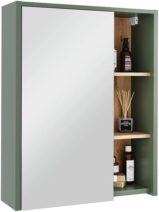 Mobile a specchio per bagno Viola, Verde/Artigianale, 60 x 75 cm con ripiani aperti, adatto al montaggio a parete per l'uso in bagno