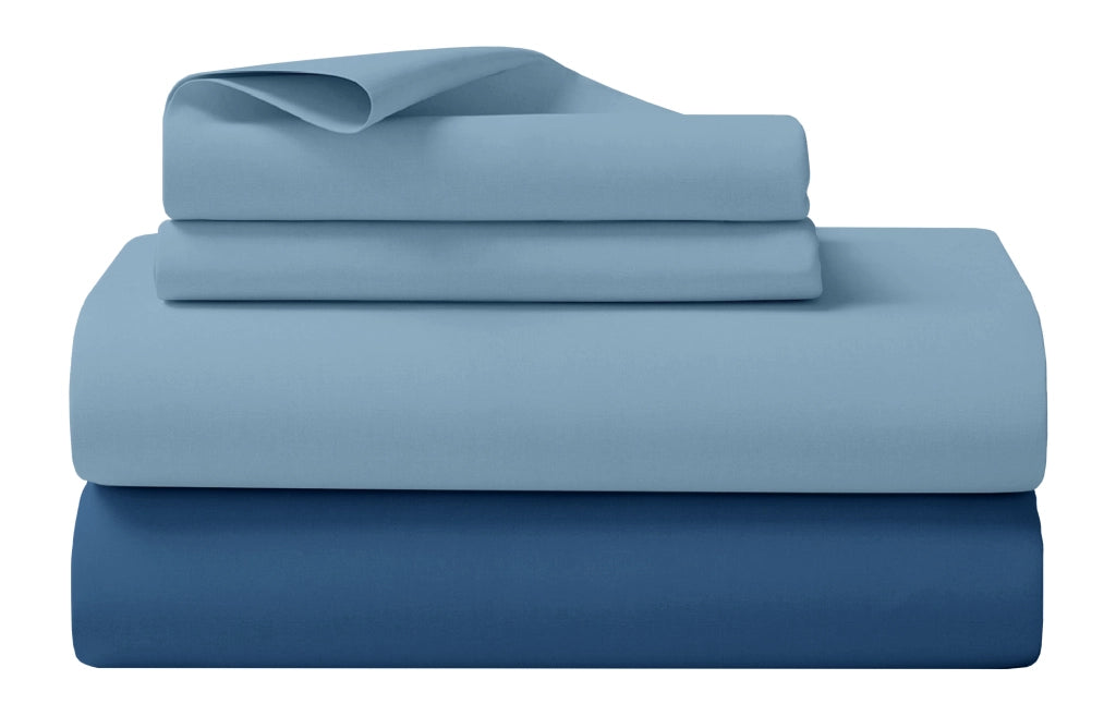 Completo Letto Lenzuola Matrimoniale,100% Cotone, Set letto, Lenzuolo Sopra, Sotto e Federe 2 Piazze Blu chiaro