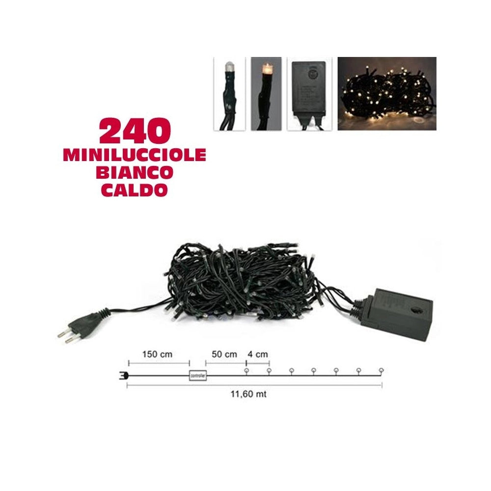 Trade Shop - Catena Luci Minilucciole 240 Luci 3 Vie Bianco Caldo Con Controller 8 Funzioni -