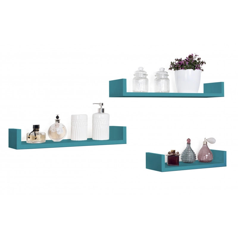 Set di 3 Mensole da Muro, Mensole Muro Design, Mensola da Parete, Blu Atollo, 60x8 p15,5 cm, 50x8 p15,5 cm e 40x8 p15,5 cm - Calamita