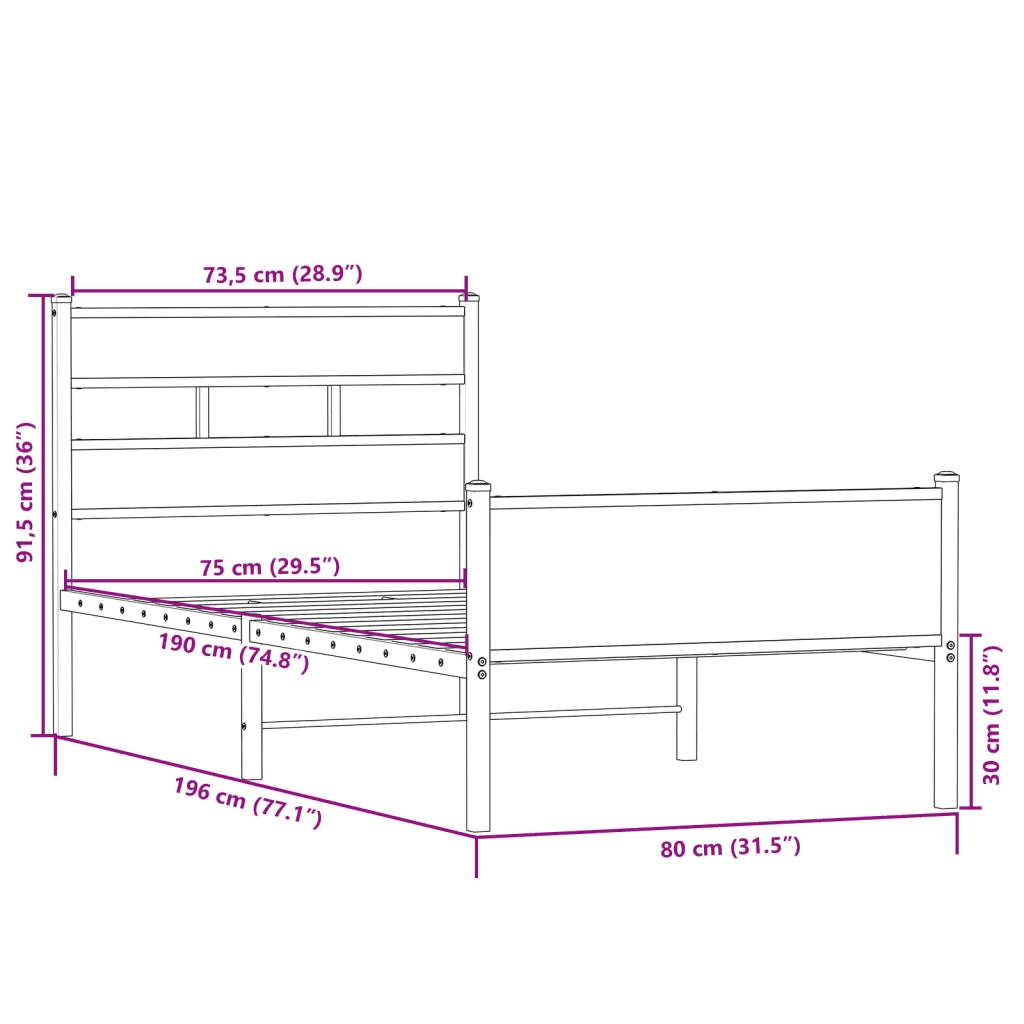 Letto singolo | Letto per adulti | Giroletto senza Materasso Rovere Sonoma 75x190 cm in Truciolato