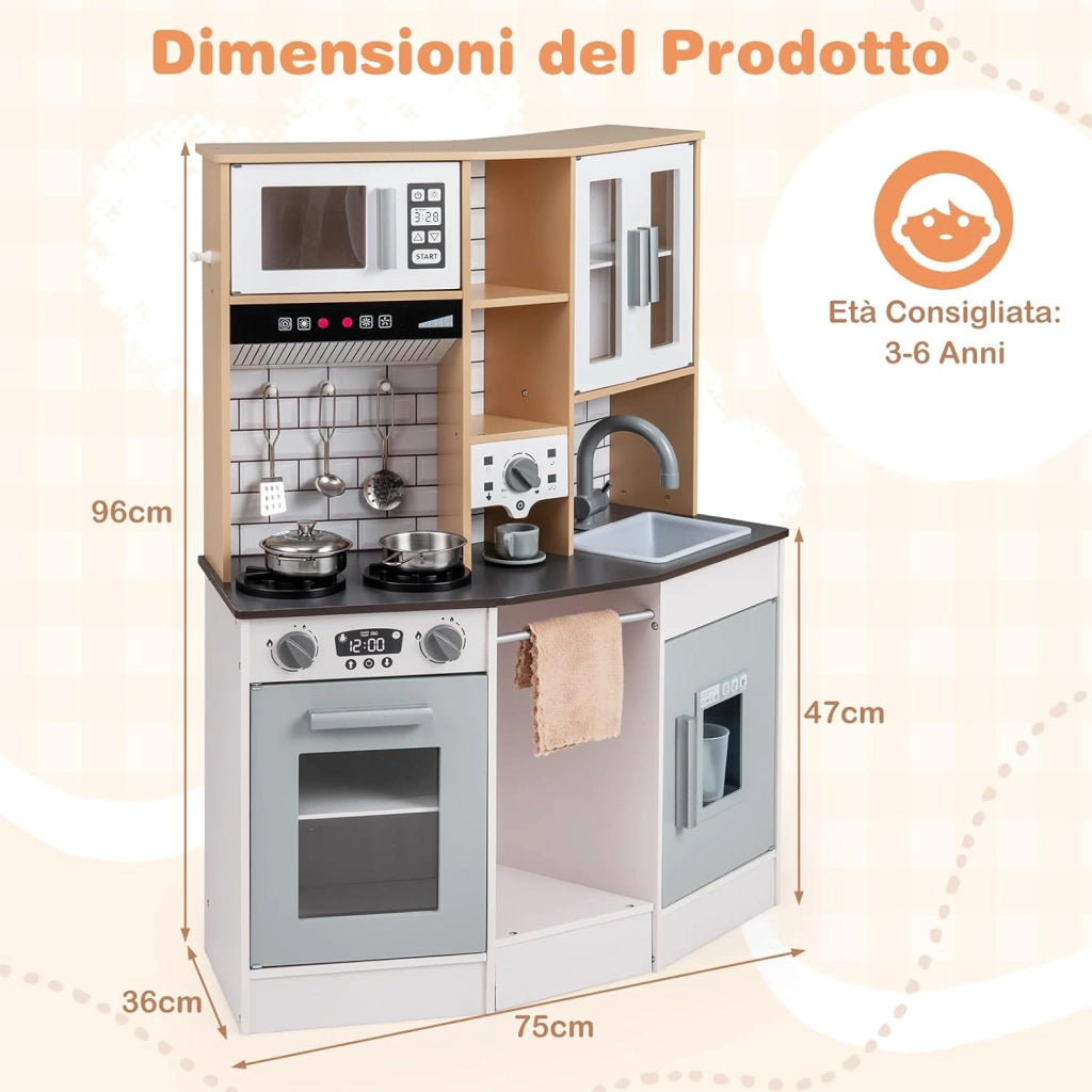 Cucina Giocattolo per Bambini, Cucinetta in Legno con Suoni e Luci, Fornello, Lavandino, Macchina del Caffè, Gioco Cucina di Ruolo per Bambini 3+ Anni (Grigio)