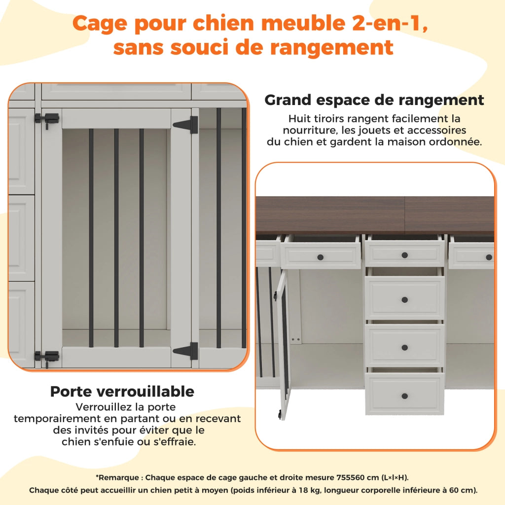 Mobile per cani da interno con 2 scomparti e 8 cassetti in MDF e metallo bianco effetto noce 200 × 60 × 85 cm