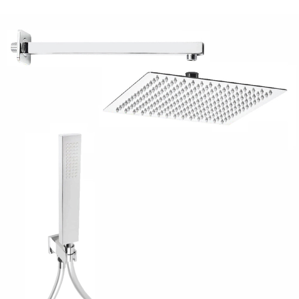 Set doccia in acciaio inox con soffione ultra slim 20x20 cm, braccio doccia e kit doccino in ottone cromo lucido