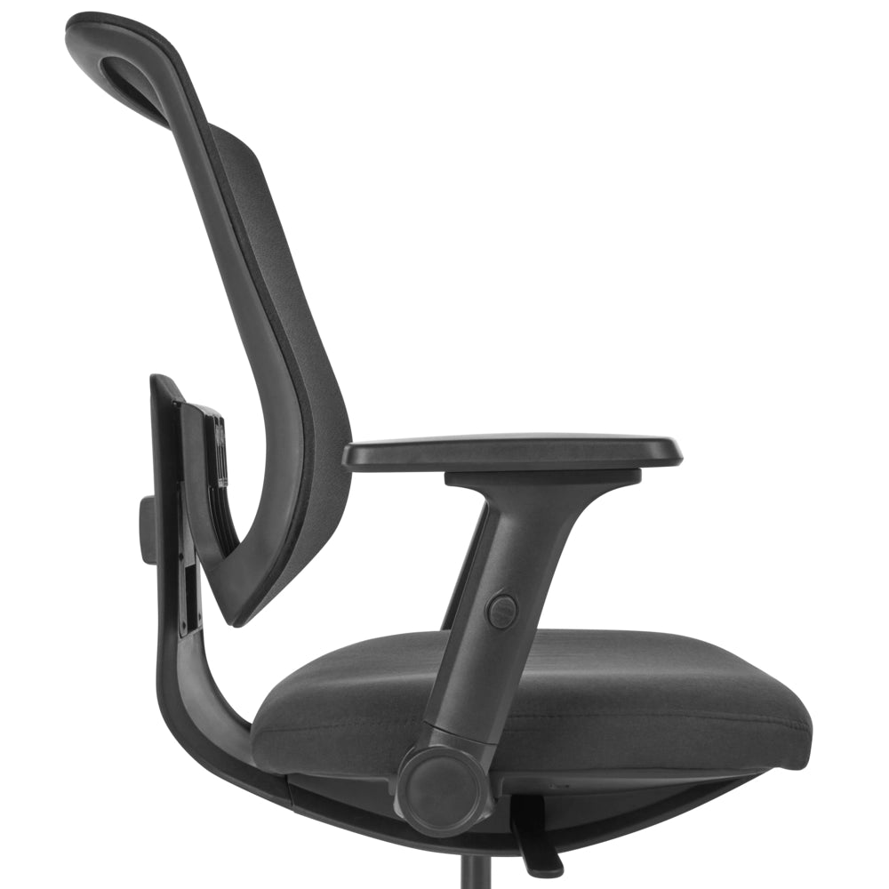 Sedia da ufficio in tessuto e rete nera, schienale e braccioli regolabili, design moderno, per l'ufficio domestico