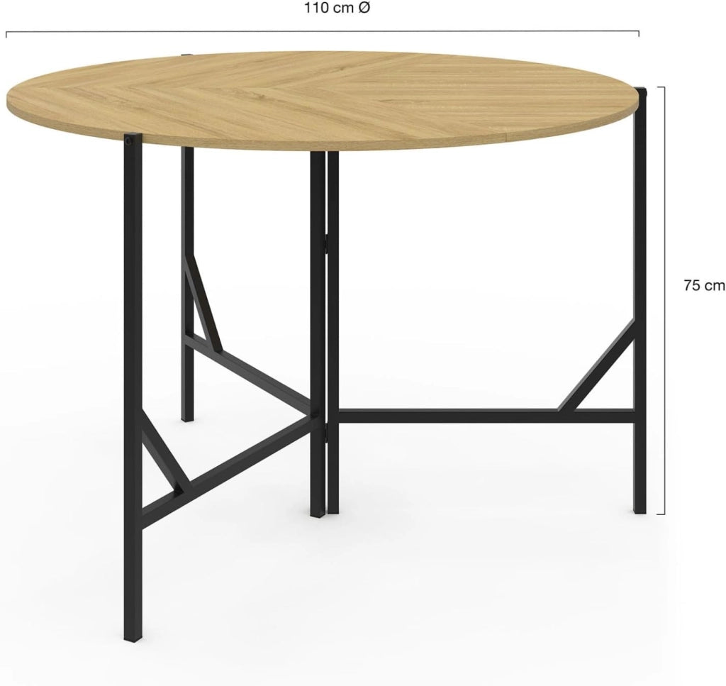 Tavolo da pranzo rotondo pieghevole YAEL per 4 persone, legno e nero, design industriale, 110 cm