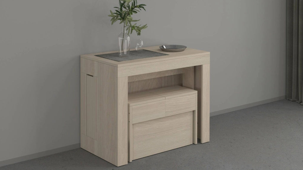 Set tavolo e sedie Badesi, Composizione multiuso, Set con consolle e 1 panca allungabili, 100% Made in Italy, 66x25h45 cm, Olmo