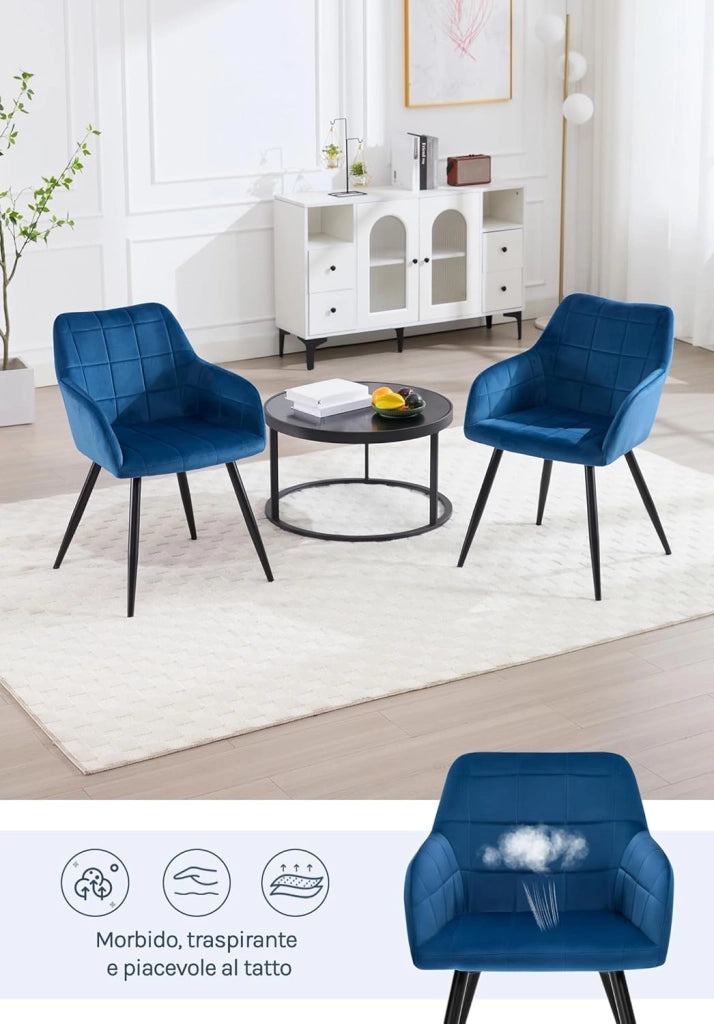 Sedia per Sala da Pranzo Imbottita, Poltroncina in Velluto,Sedia da Cucina con Braccioli e Schienale, Gambe in Metallo, moderne,Blu, BH93bl-1