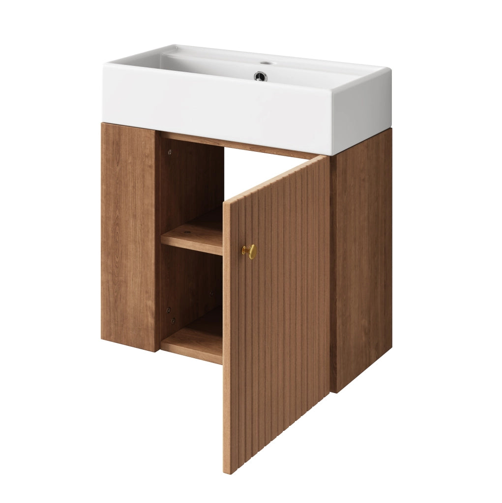 Mobile bagno ULEVR con lavabo in ceramica, vano contenitore e ripiani laterali, marrone