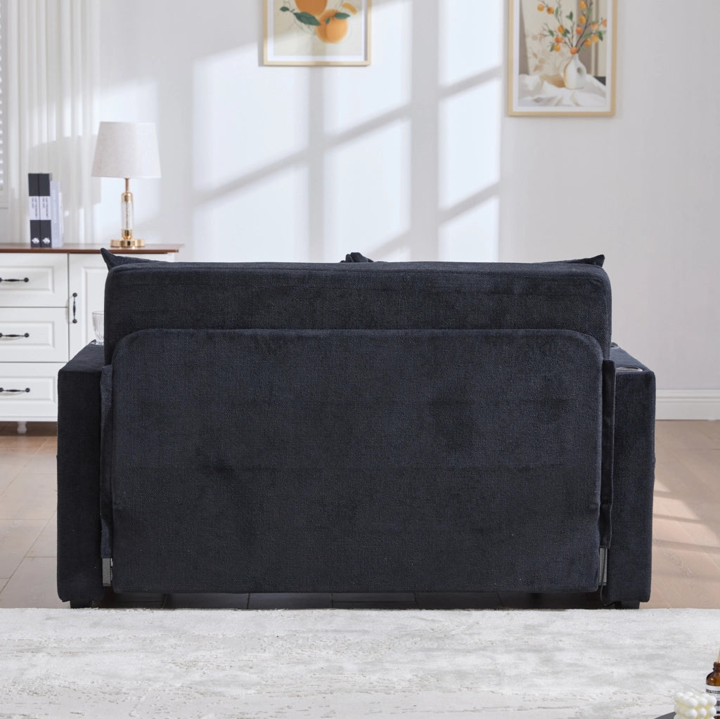 Divano letto 139x73x83 cm nero, USB, portabicchieri, tessuto chenille