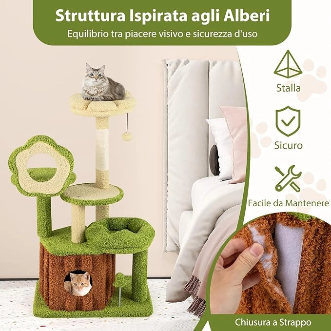 Albero per Gatti, Albero Tiragraffi per Gatto con Condominio Tronco, Trespolo a Fiore, Letto Morbido, Pompon, Giocattolo a Molla e Piattaforme, Tiragrafffi per Gatti da Interno