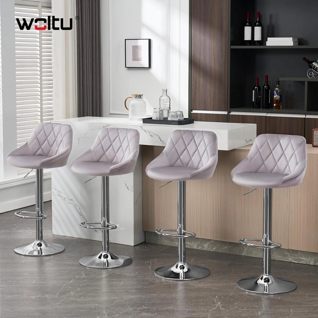 Sgabelli cucina, Sgabelli da Bar Set di 4, Sedia da Bar Girevole Regolabile in Altezza, con Schienale Poggiapiedi, Sgabello in Velluto da Cucina, Grigio chiaro, BH438hgr-4