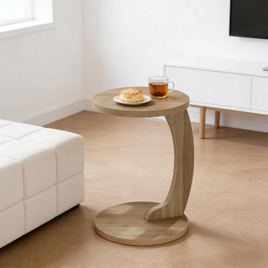 Tavolino basso rotondo a C in MDF con piano salvaspazio per soggiorno e camera da letto, rovere chiaro, 38 × 55 cm