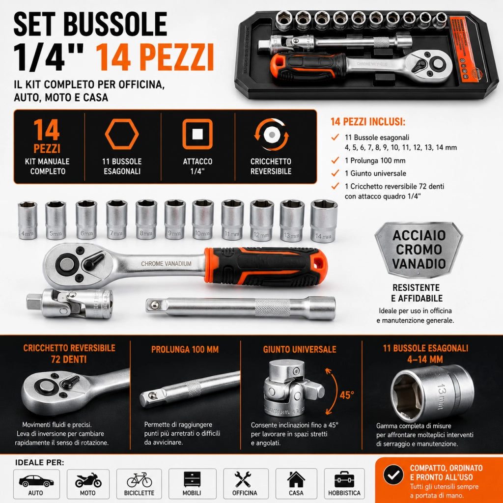 Set Chiavi a Bussola 1/4" 14 Pezzi Con Chiave Cricchetto Prolunga Da 4 a 14 195
