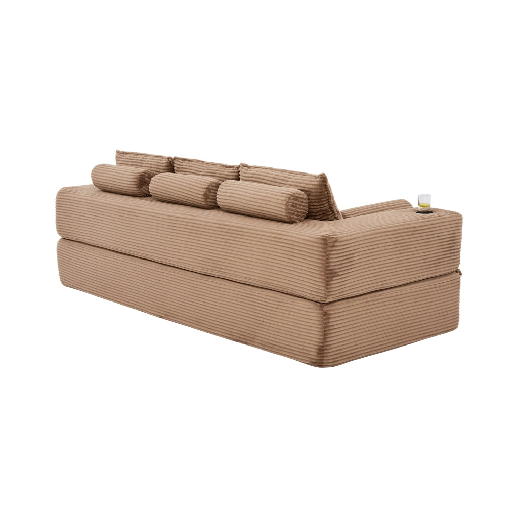 Divano letto 3 posti - con tasche laterali e portabicchiere - in cord marrone
