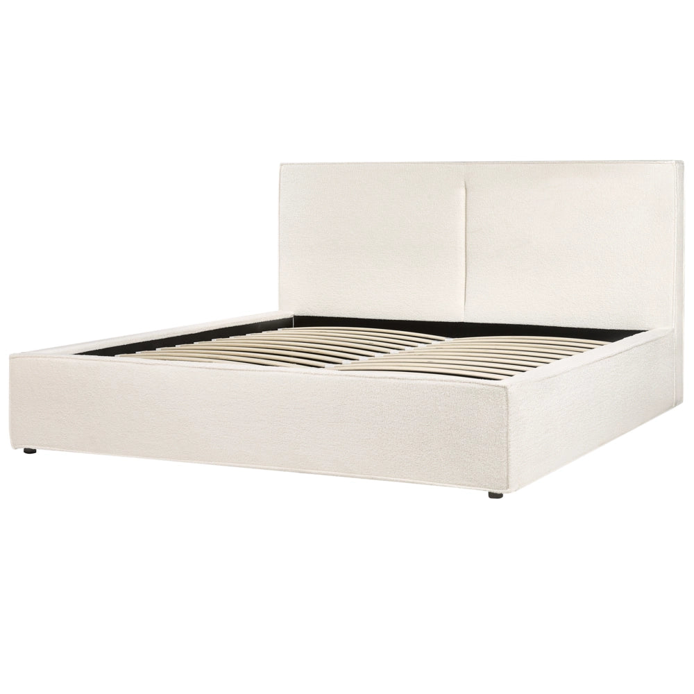 Letto king size 180 x 200 cm Bianco Sporco Rivestimento in bouclé Ottomana di contenitore Telaio a doghe Camera da letto moderna contemporanea
