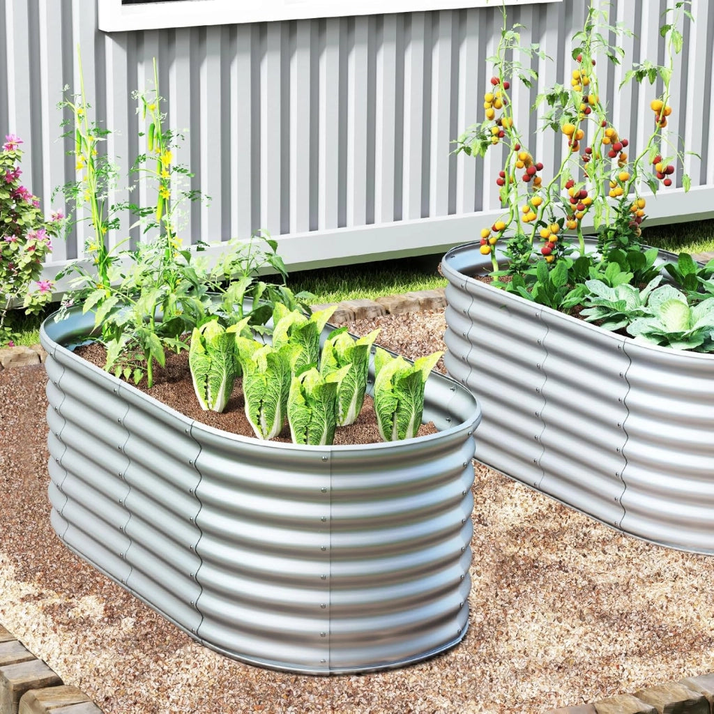 Letto da Esterno Rialzato in Metallo, Aiuola Rialzata in Ovale con Design a Fondo Aperto, Protettori d'Angolo Rinforzati, Orto Rialzato da Esterno per Verdure, Fiori, Erbe Aromatiche (Grigio)