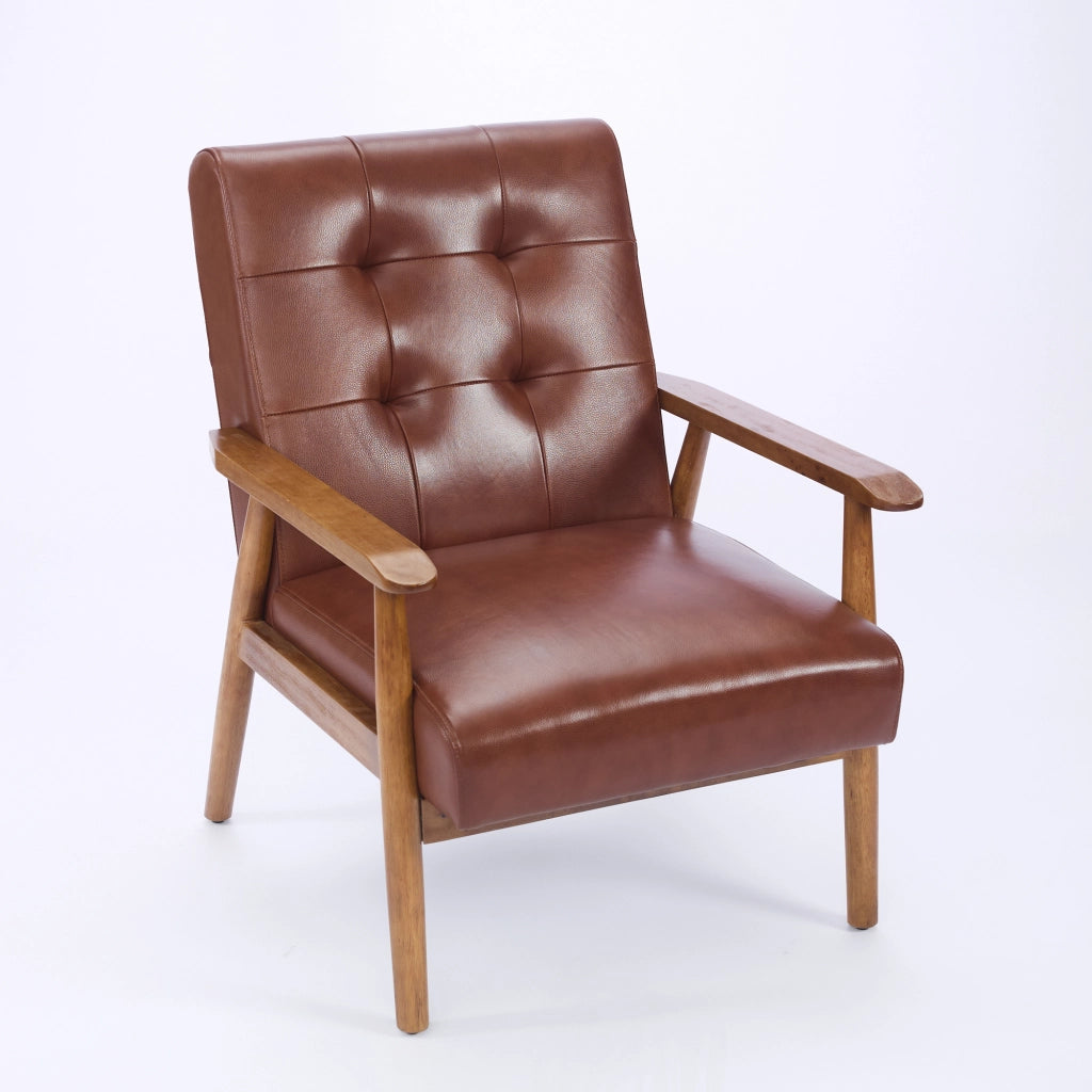 Poltrona Lounge con Schienale con Cuciture Pull-Point e Struttura Stabile, in Pelle, Legno e PVC, Marrone