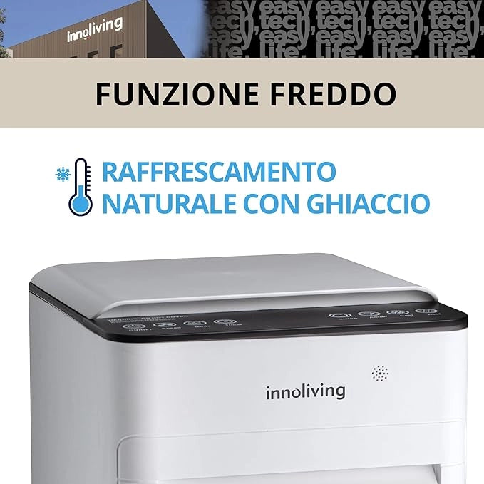 Innoliving Raffrescatore d’Aria Caldo/Freddo 7 Litri INN-508NEW, con Funzione Calore, Pannello Touch, Display Digitale, Telecomando, 3 Velocità, Oscillazione 140°, Serbatoio Removibile