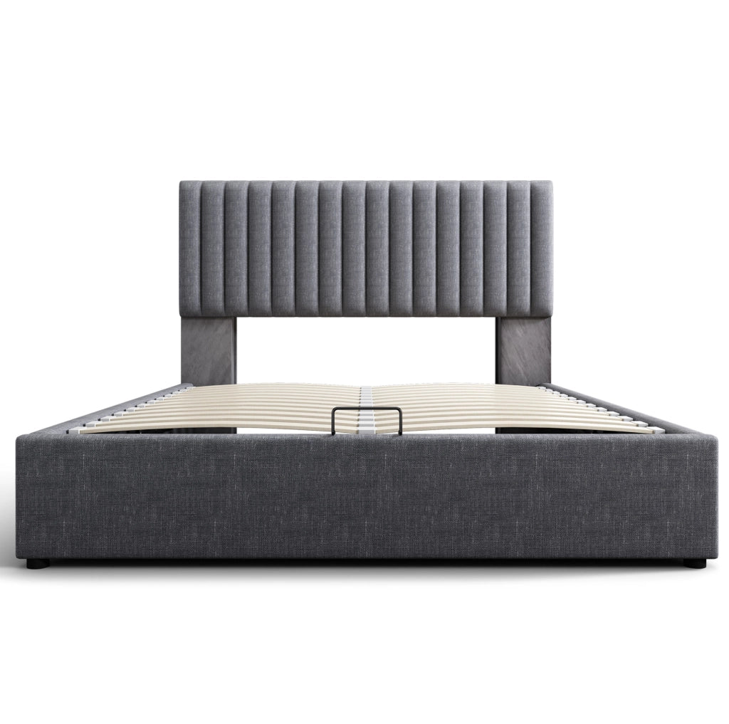Letto matrimoniale imbottito ULEVR 160x200 cm con contenitore, LED con app, USB e Type-C, grigio