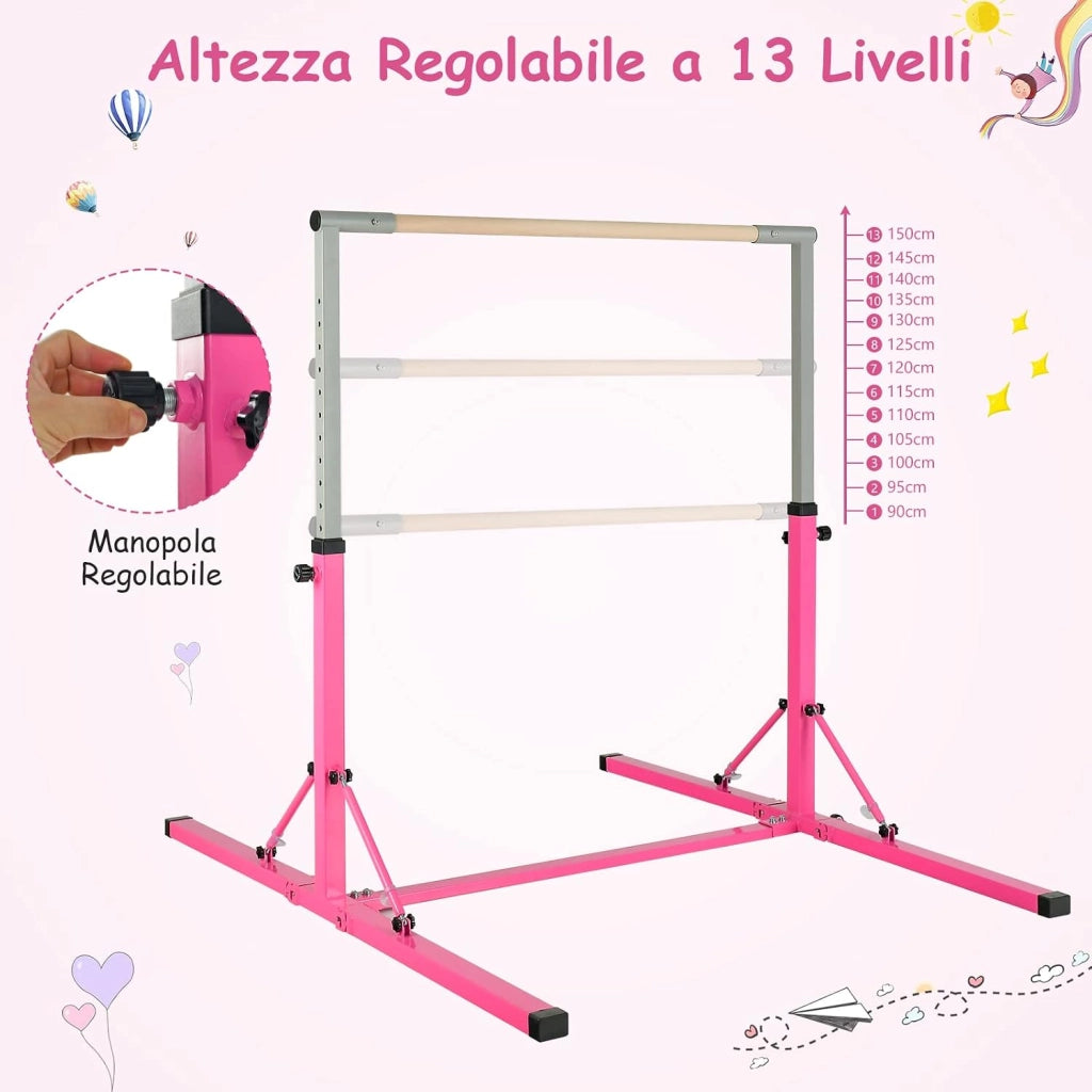 Barra per Ginnastica e Danza per Bambini e Bambine Pieghevole e Portatile, Sbarra Parallela in Metallo e Legno con 13 Altezze Regolabili, Ruote e Cuscinetti Antiscivolo, Portata 100 kg