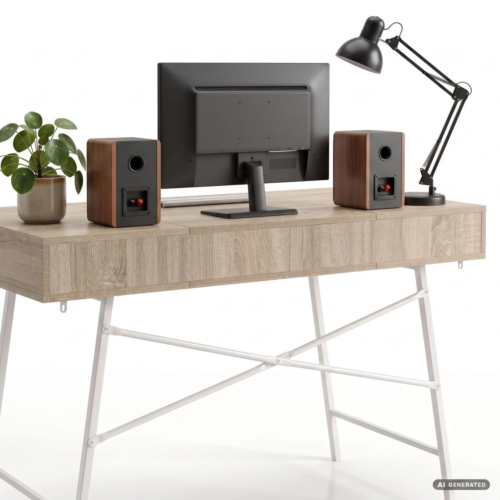Scrivania industriale per computer Rovere Sonoma ARDEN 120 cm 2 cassetti 1 ripiano gambe bianche