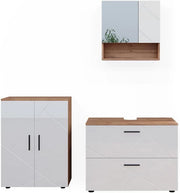 Set di mobili da bagno Irma, Bianco lucido/oro power oak, 80 cm, composto da mobile sottolavabo, specchiera e mobile medio