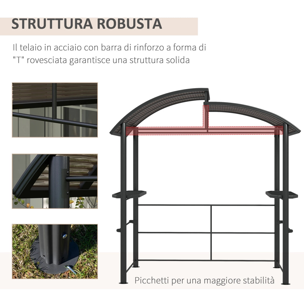 Gazebo per Barbecue con Tetto e Ripiani ¨C Zephmum ¨C Grigio Scuro, Metallo e PC, 240x150x230cm