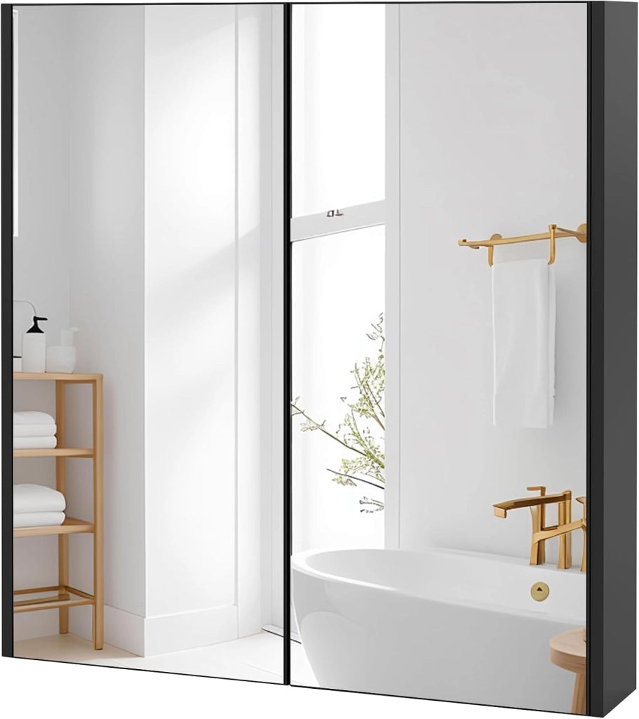 Armadio a specchio per il bagno, pensile con doppio specchio senza cornice, 2 ripiani, specchio da bagno in legno, armadio da bagno, 62 x 11,5 x 65 cm (nero)