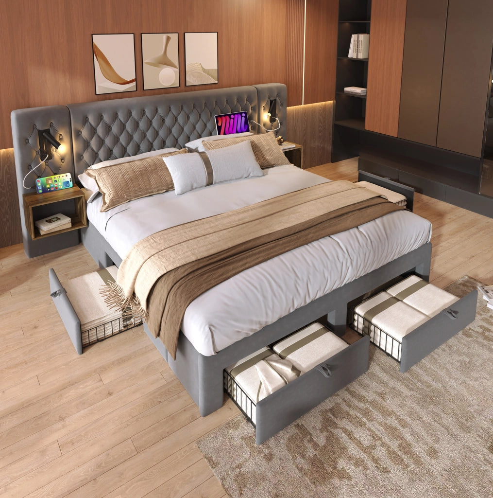 Letto matrimoniale 180x200 cm con comodini, luci e USB-C