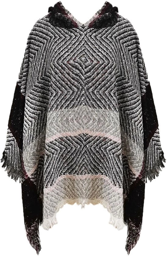 Poncho Donna - Poncho Caldo con Cappuccio - Poncho a Maglia - Casual/Moderno - Frange a Strisce/Estate - 100% Poliestere - Cappotto