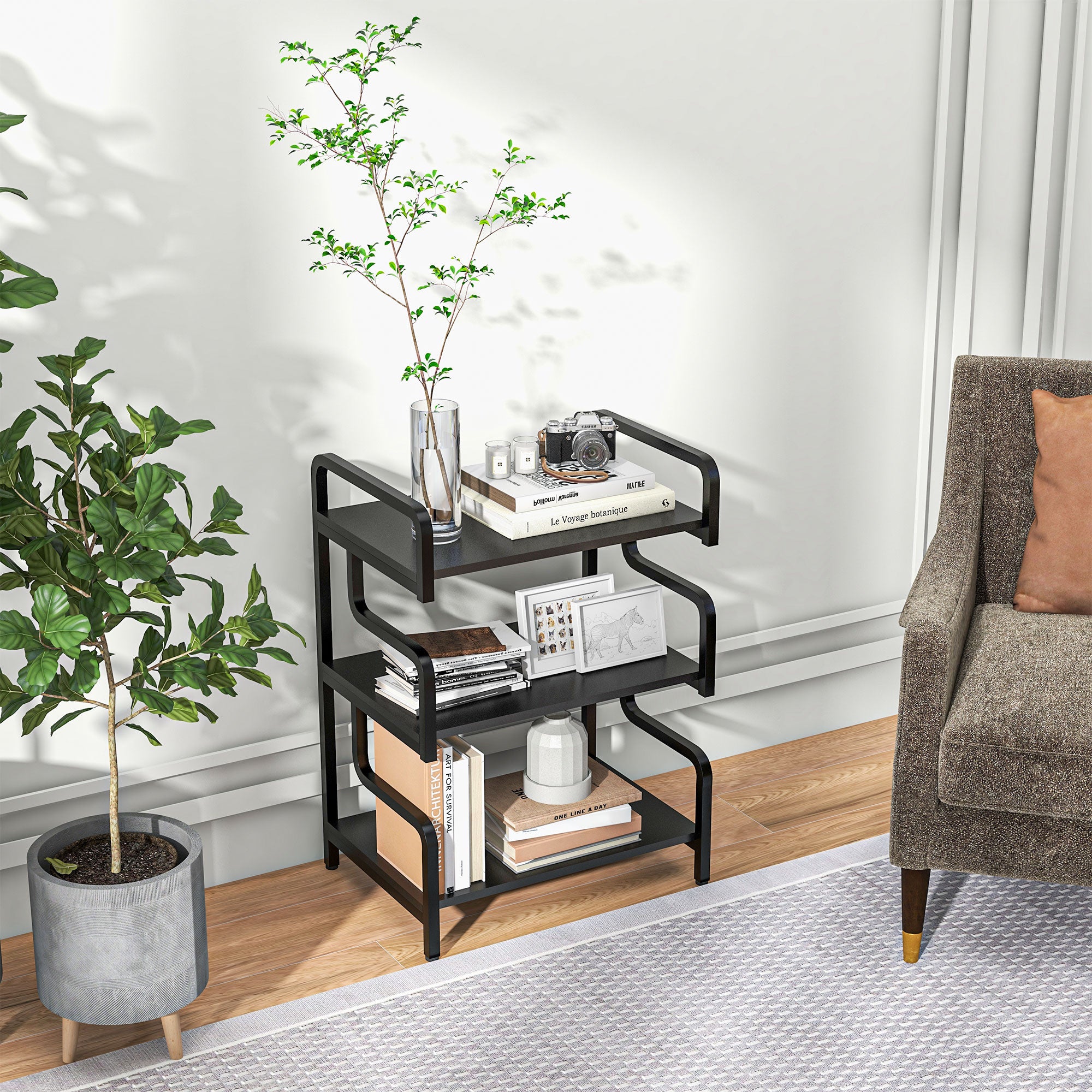 Supporto per Stampante Industriale 55x40x77 cm a 3 Livelli in Metallo e Truciolato Nero