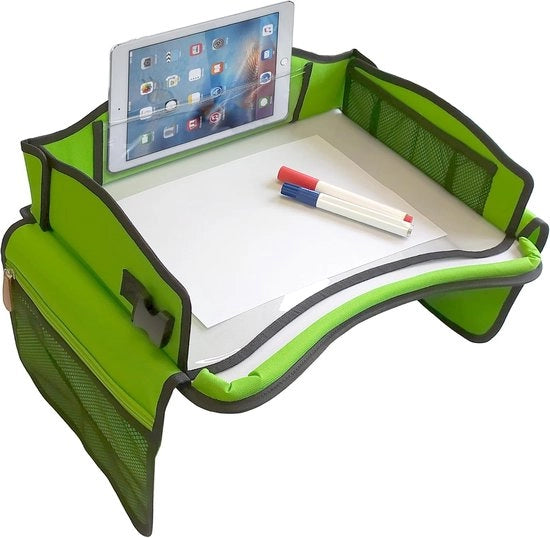 Tavolo per bambini & pannello per il sedile per auto - tavolo per bambini per sedile posteriore, tavolo per aereo, tavolo per treno, tavolo da pranzo - superficie lavabile, supporto per tablet, cassetto per penne e molti cassetti, verde -